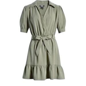 PAIGE Meagan Army Green Twill Faux-Wrap Belted Utility Dress Short Sleeve Sz XL